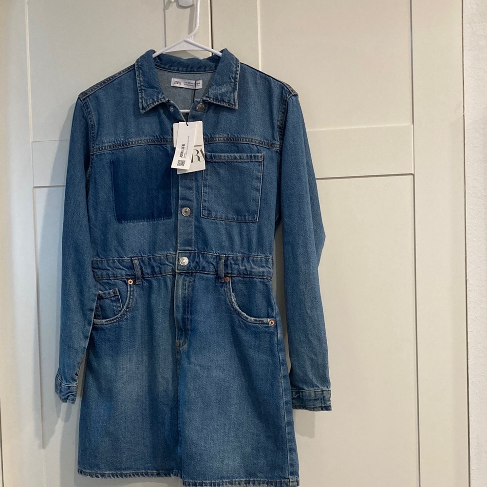 Zara Kids Girls Denim Mini Dress Blue Long Sleeve Elastic Waist Size 13-14 164cm